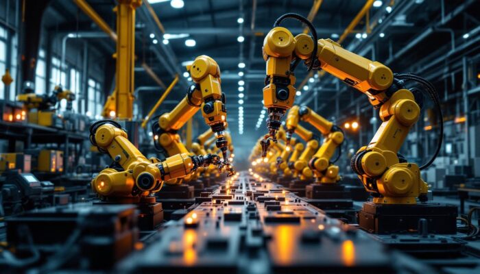 A photograph of a dynamic industrial setting showcasing advanced ai robotics in action