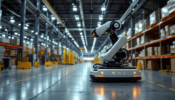 A photograph of a sleek automated guided robot navigating through a modern industrial warehouse
