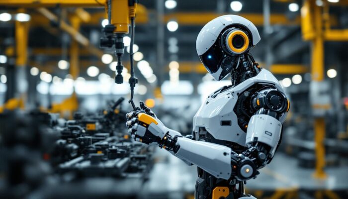 A photograph of a humanoid robot in an industrial setting