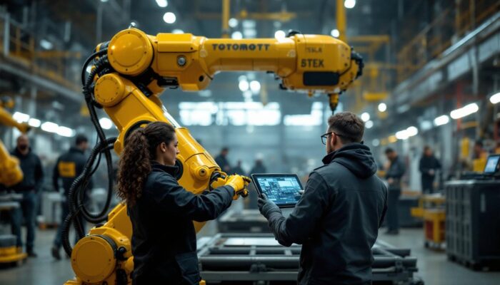 A photograph of a tesla robot in an industrial setting