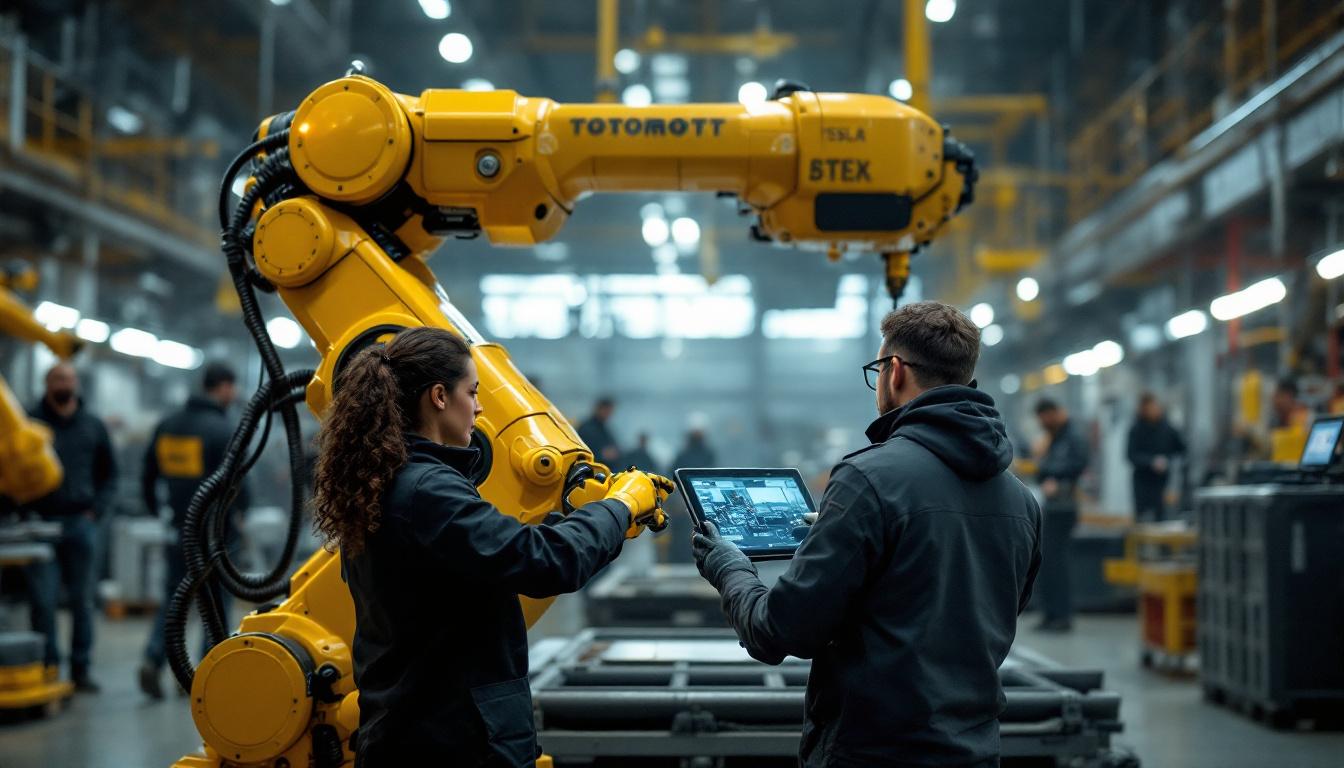 A photograph of a tesla robot in an industrial setting