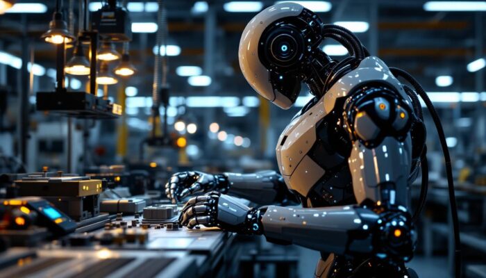 A photograph of a sleek industrial robot in action within a modern manufacturing facility