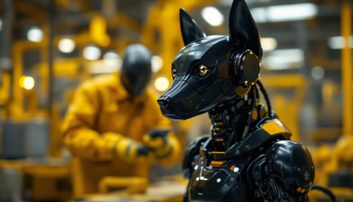A photograph of a sleek industrial robotic dog in action within a manufacturing environment