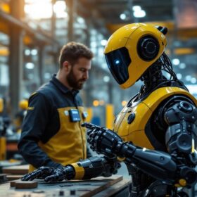 A photograph of a tesla bot prototype in a dynamic industrial setting