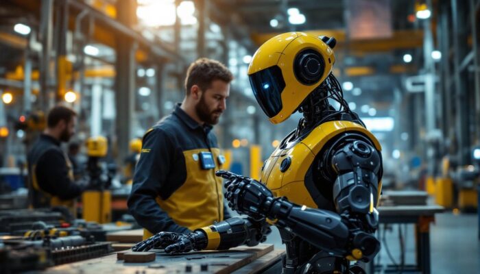 A photograph of a tesla bot prototype in a dynamic industrial setting