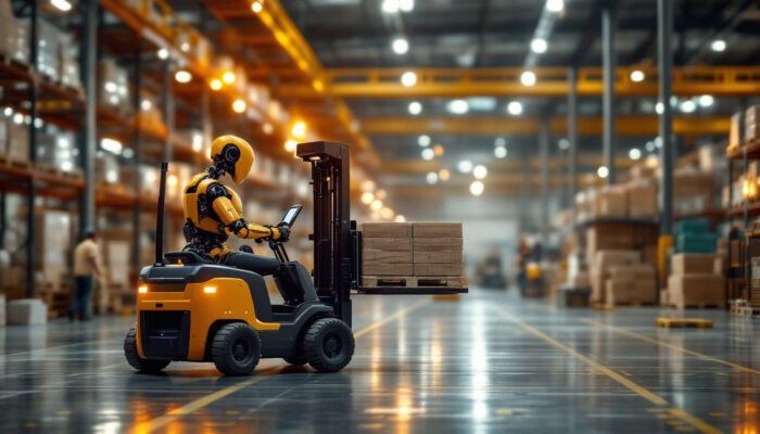 A photograph of a robot forklift in action within a bustling warehouse environment