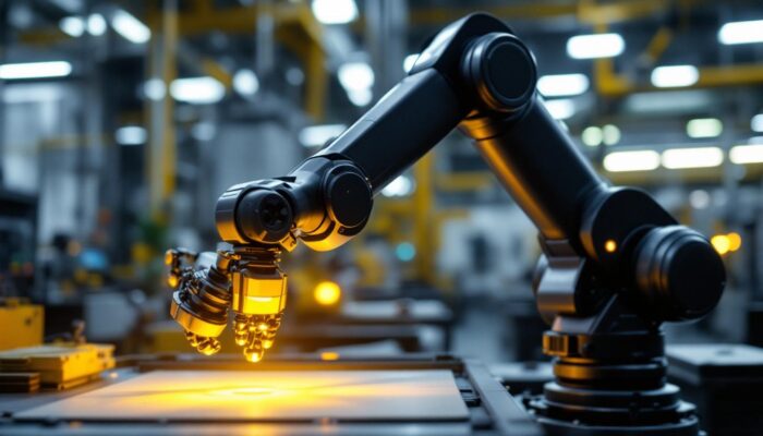 A photograph of a sleek tesla robotic arm in action
