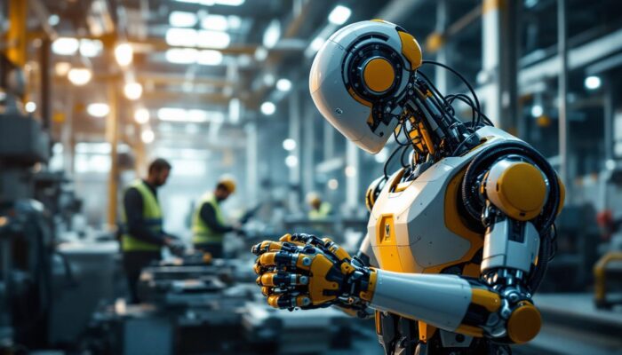 A photograph of a modern industrial robot in action within a manufacturing facility