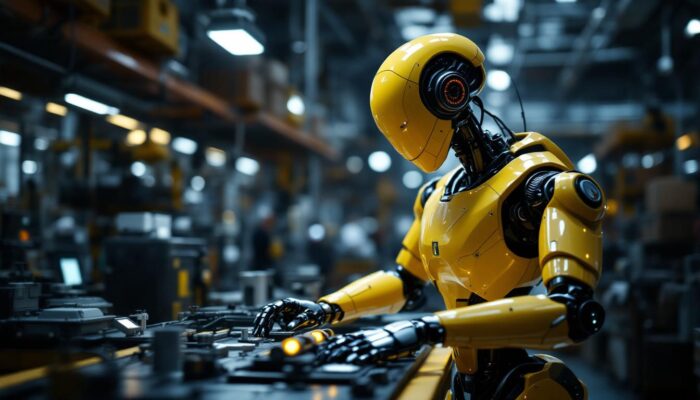 A photograph of a sleek industrial robot in action within a modern manufacturing facility
