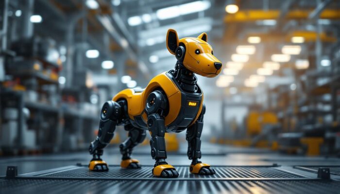 A photograph of a sleek industrial robotic dog in a modern factory setting