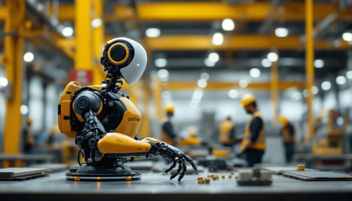 A photograph of capture a photograph of a unitree robot in an industrial setting
