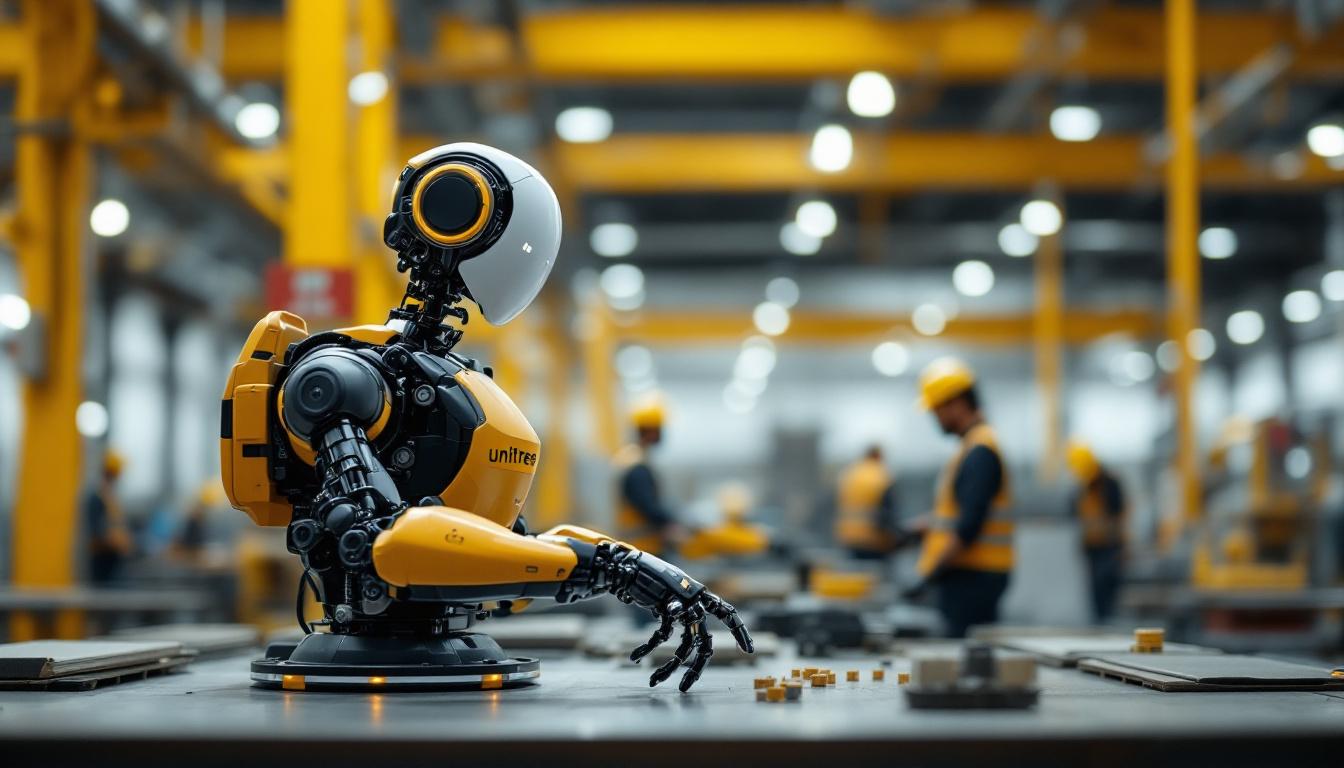 A photograph of capture a photograph of a unitree robot in an industrial setting