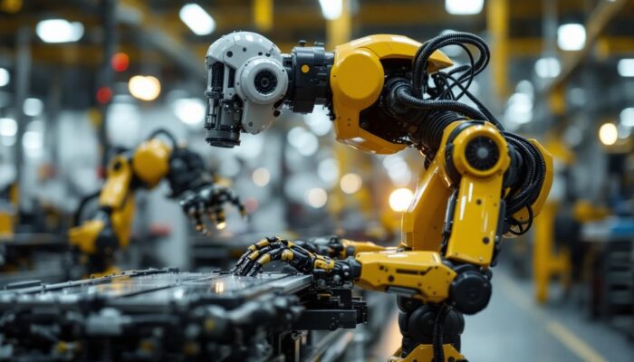 A photograph of a sleek industrial robot in action on a factory floor