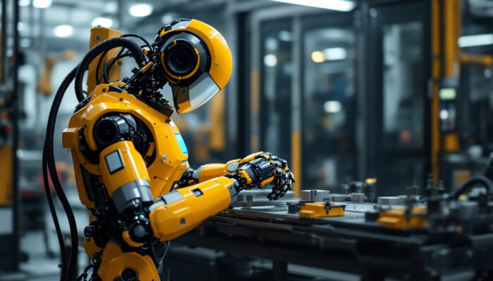 A photograph of a modern industrial robot in action within a manufacturing setting