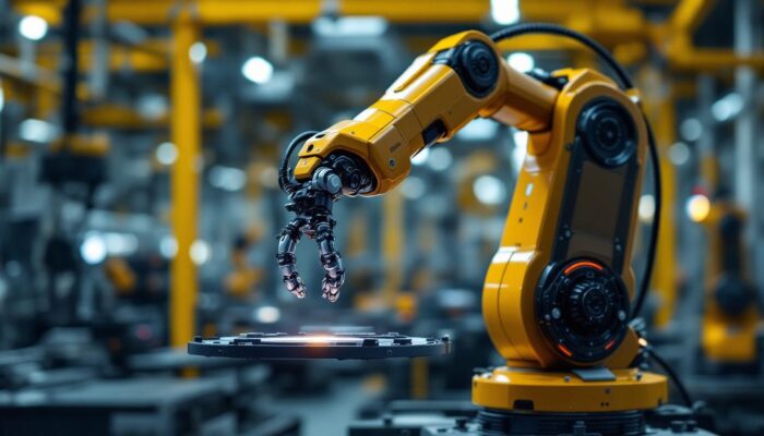 A photograph of a sleek industrial robot arm in action