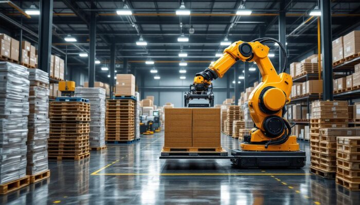 A photograph of a modern industrial setting showcasing a robotic arm efficiently handling and palletizing freight