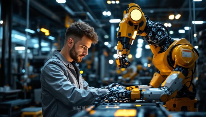 A photograph of a skilled technician programming an industrial robot in a modern factory setting