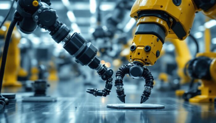 A photograph of a close-up view of various types of industrial robotic joints in action