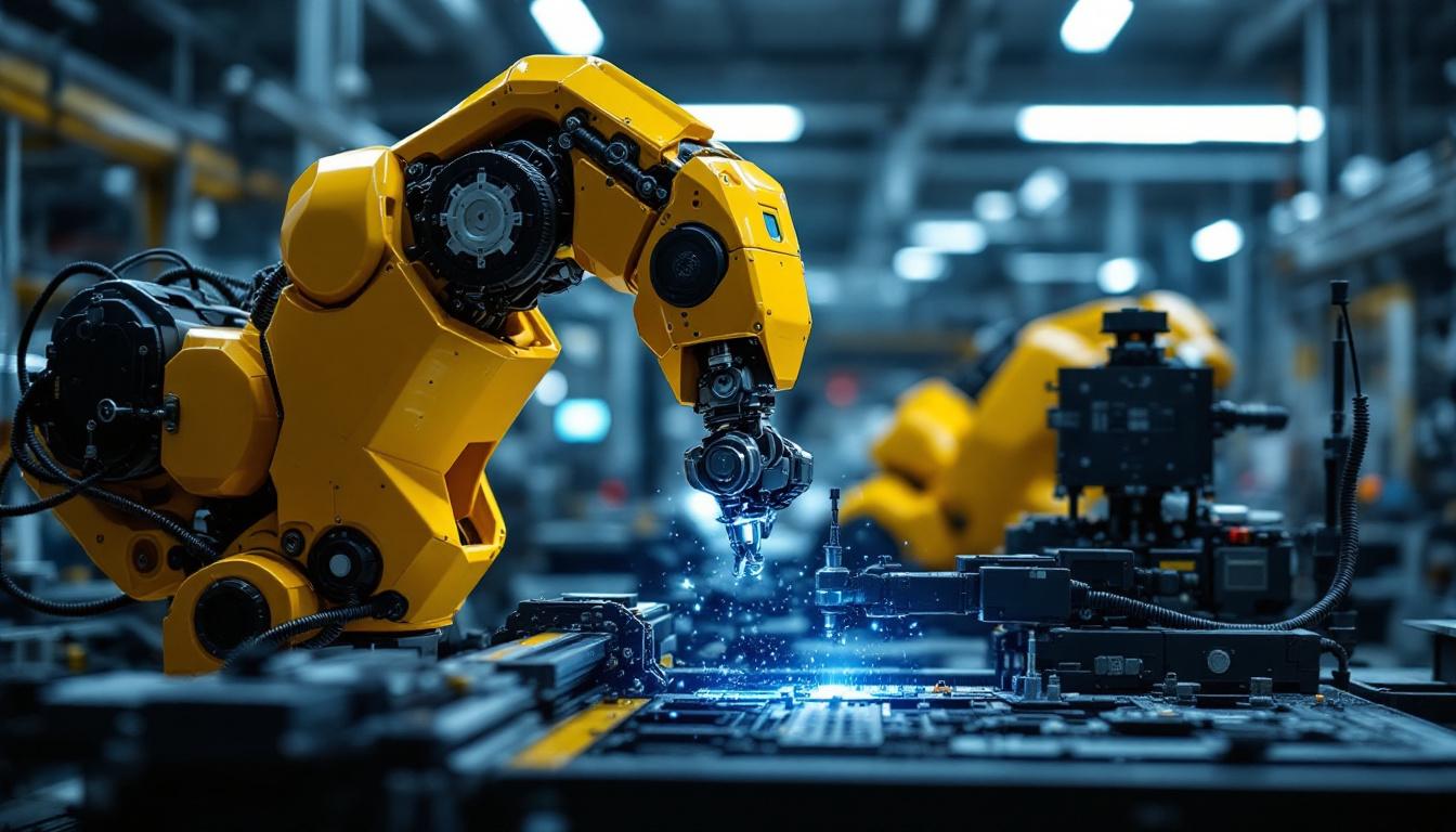 A photograph of a sleek industrial robot in action within a manufacturing environment