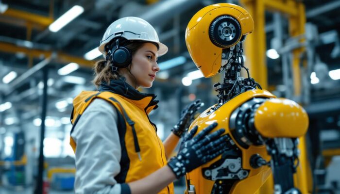A photograph of a tesla robot in an industrial setting