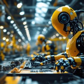 A photograph of a modern industrial robot in action on a factory floor