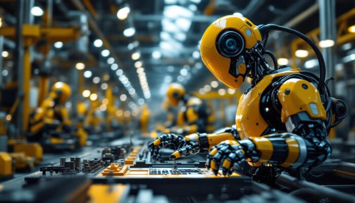 A photograph of a modern industrial robot in action on a factory floor
