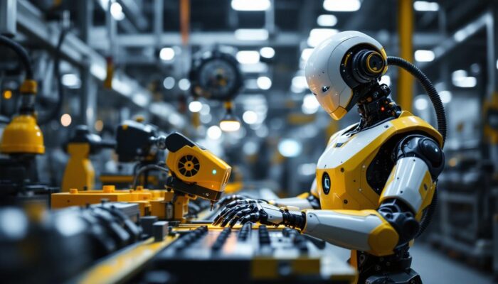A photograph of a modern industrial robot in action within a manufacturing setting