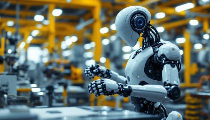 A photograph of a sleek industrial robot in action within a modern manufacturing environment