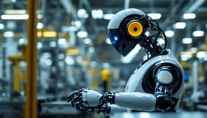 A photograph of a sleek and modern softbank industrial robot in action within a dynamic manufacturing environment