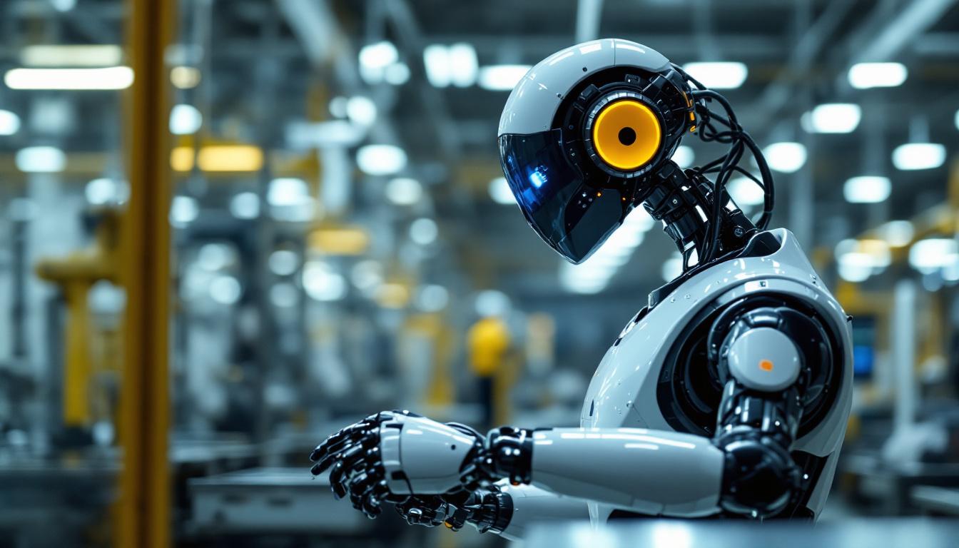 A photograph of a sleek and modern softbank industrial robot in action within a dynamic manufacturing environment