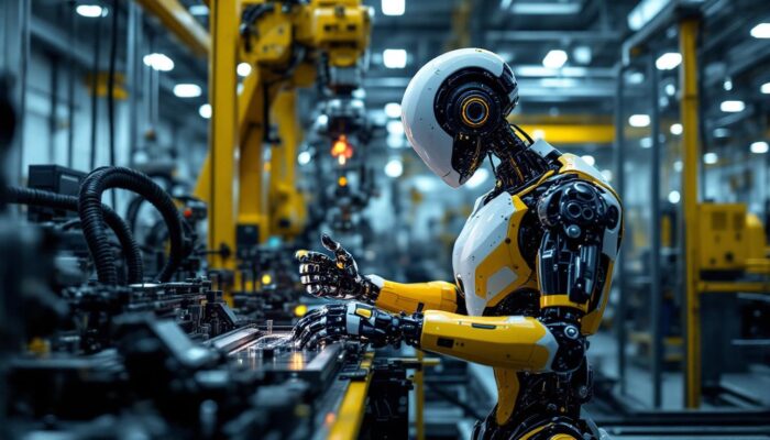 A photograph of a sleek industrial robot in action within a modern manufacturing environment