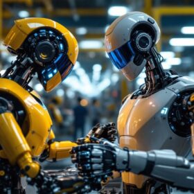 A photograph of a sleek industrial robot in action within a pennsylvania manufacturing facility