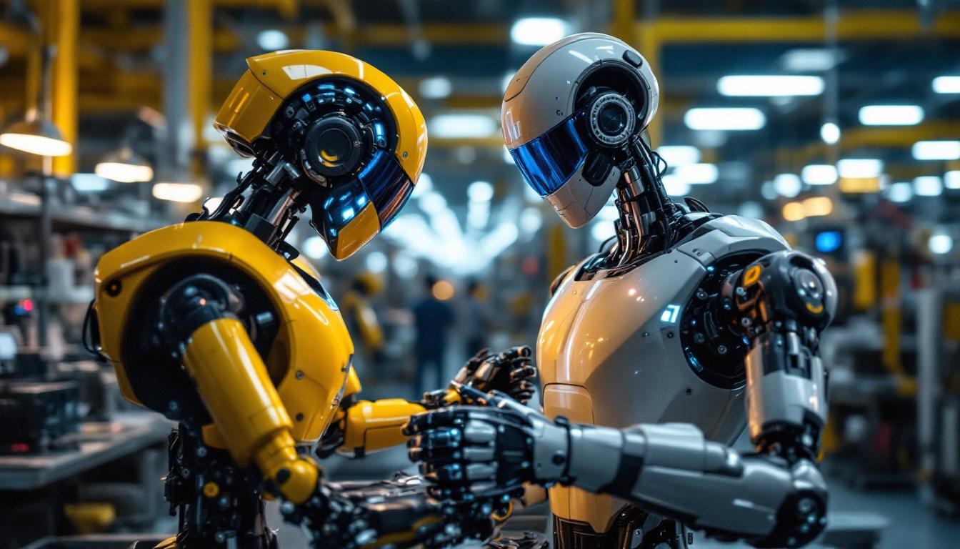 A photograph of a sleek industrial robot in action within a pennsylvania manufacturing facility