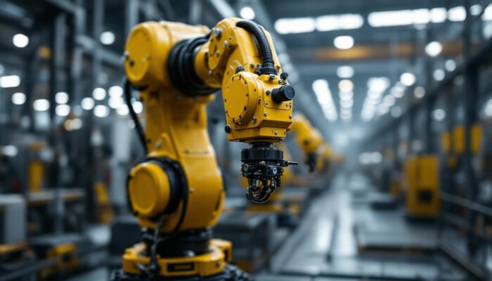 A photograph of a robotic arm in an industrial setting