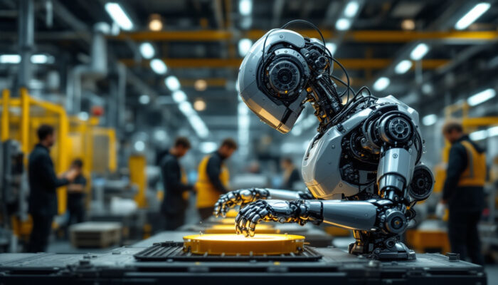 A photograph of a modern industrial robot in action on a factory floor