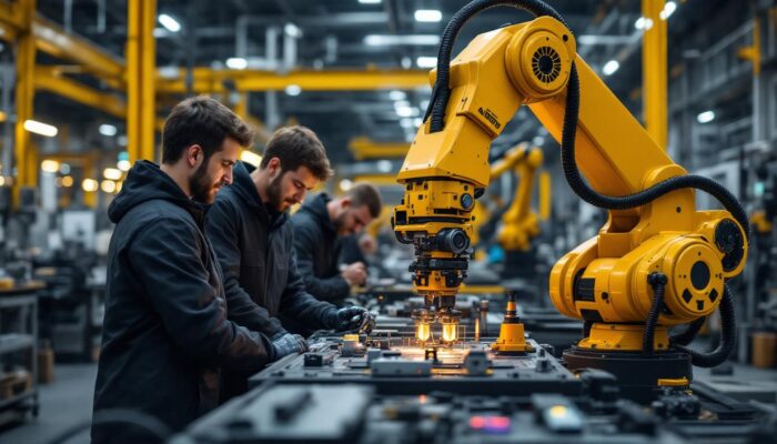 A photograph of a dynamic industrial robotics environment