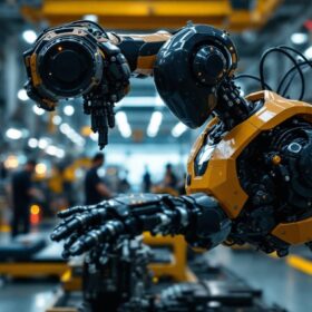 A photograph of a sleek industrial robot in action within a manufacturing setting