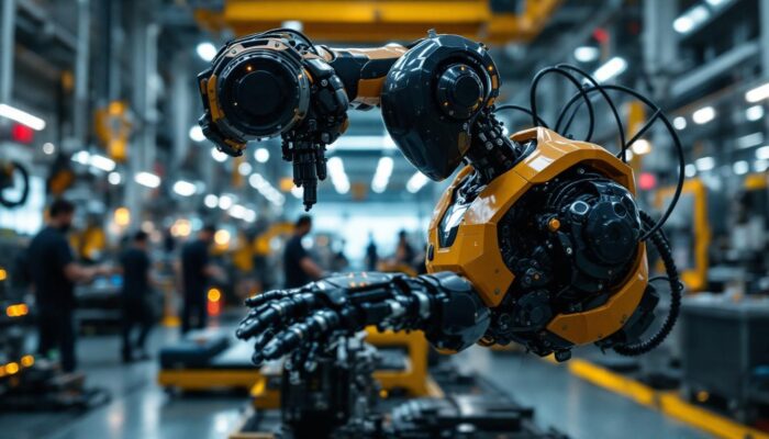 A photograph of a sleek industrial robot in action within a manufacturing setting