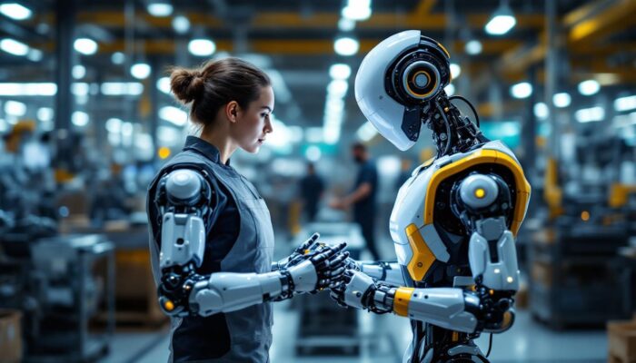 A photograph of a sleek industrial robot in action within a manufacturing facility
