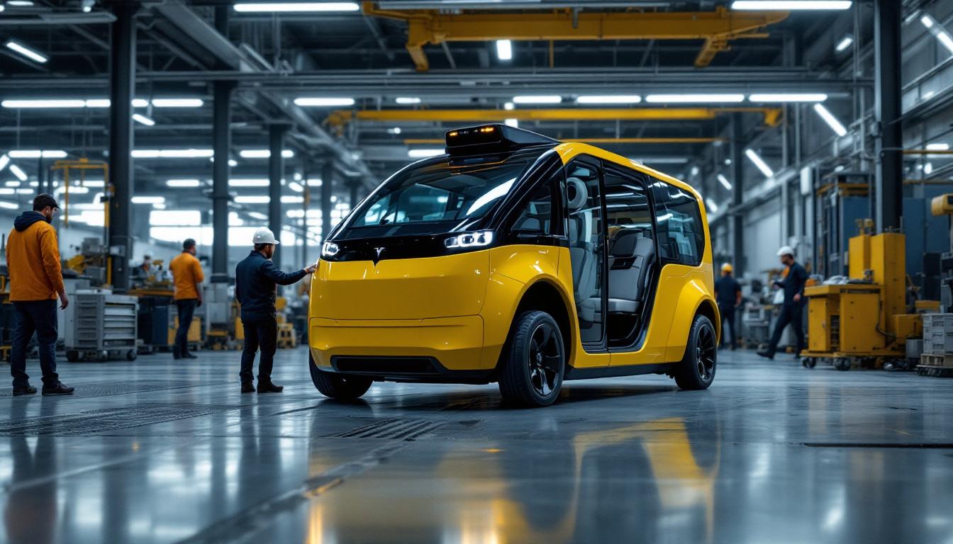 A photograph of capture a photograph of a tesla robot van in an industrial setting