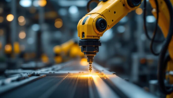A photograph of a sleek industrial robot arm in action