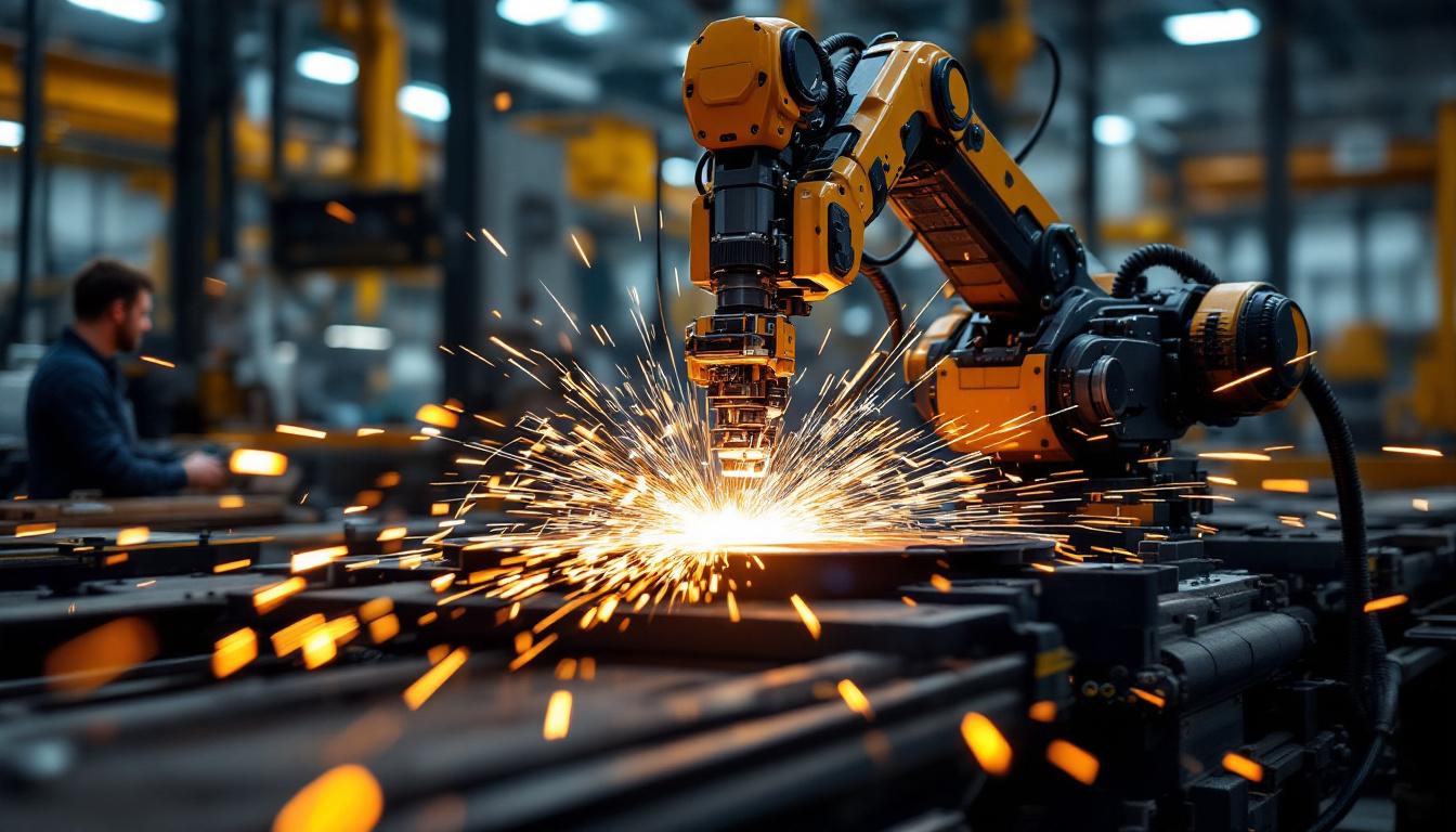 A photograph of a robotic welding machine in action