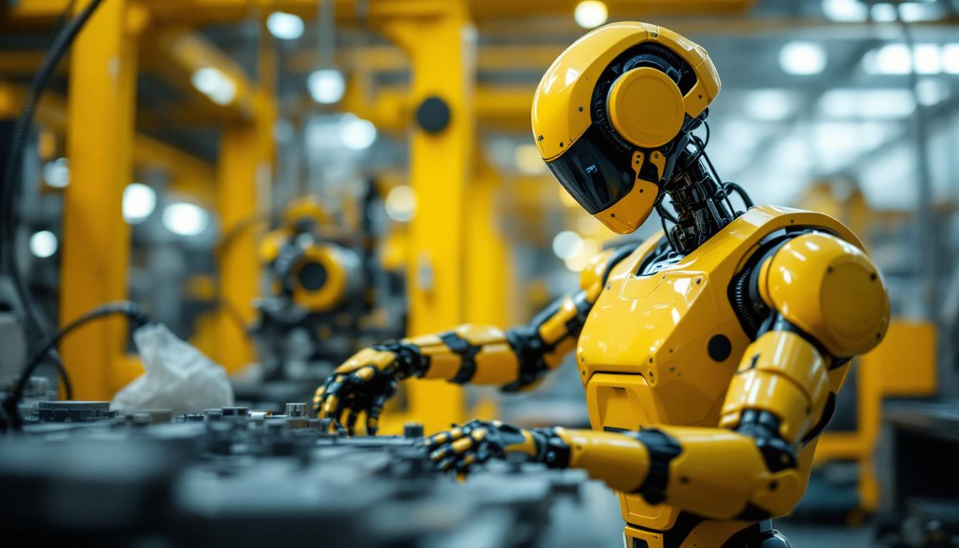 A photograph of a modern industrial robot in action within a manufacturing environment