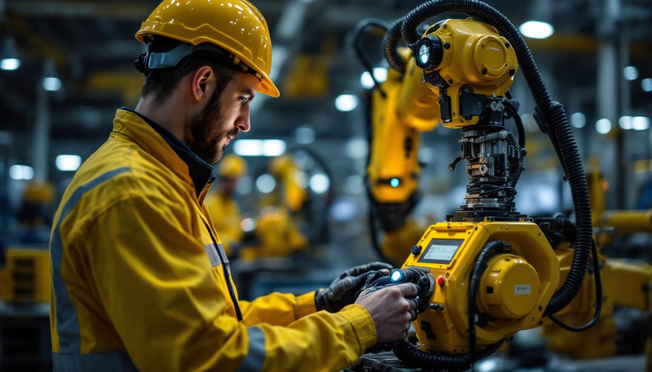 A photograph of a skilled technician interacting with an industrial robot