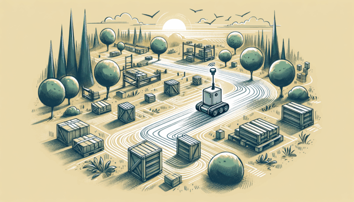 An outdoor logistics environment featuring an autonomous mobile robot (amr) maneuvering through a vibrant landscape filled with various obstacles like pallets
