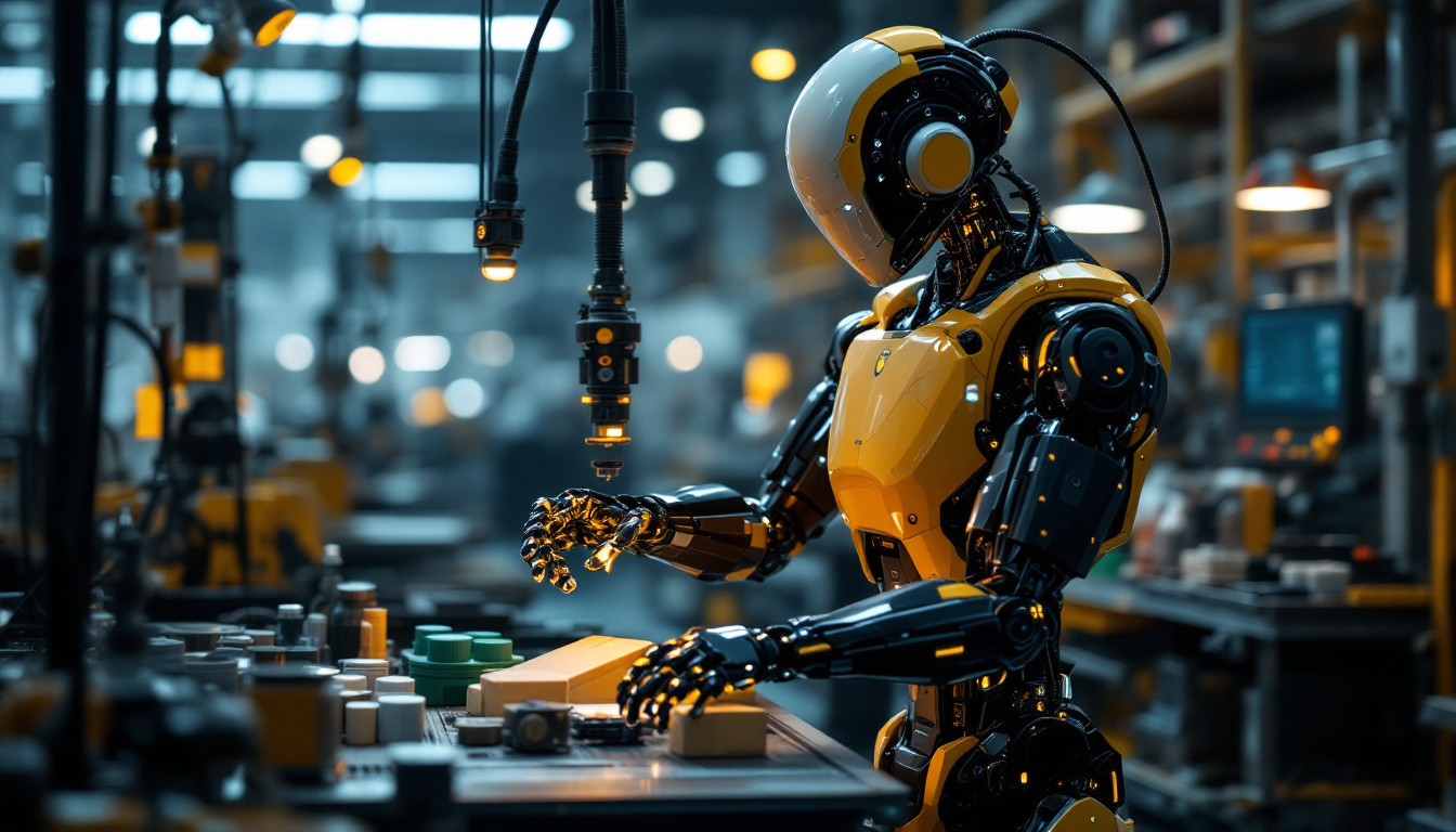 A photograph of a sleek industrial robot in action within a modern manufacturing environment