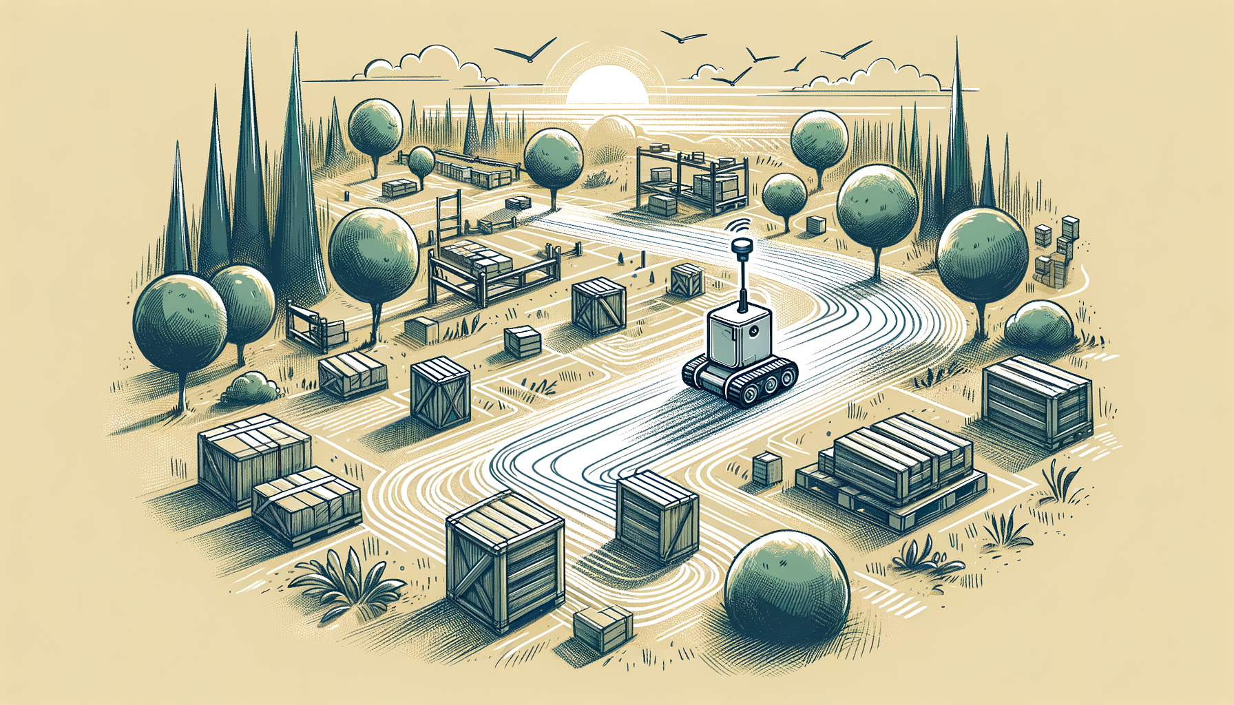 An outdoor logistics environment featuring an autonomous mobile robot (amr) maneuvering through a vibrant landscape filled with various obstacles like pallets