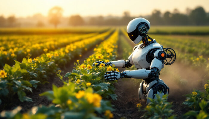 A photograph of a modern agricultural field showcasing an industrial robot in action
