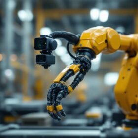 A photograph of a robotic arm equipped with a wrist camera in an industrial setting