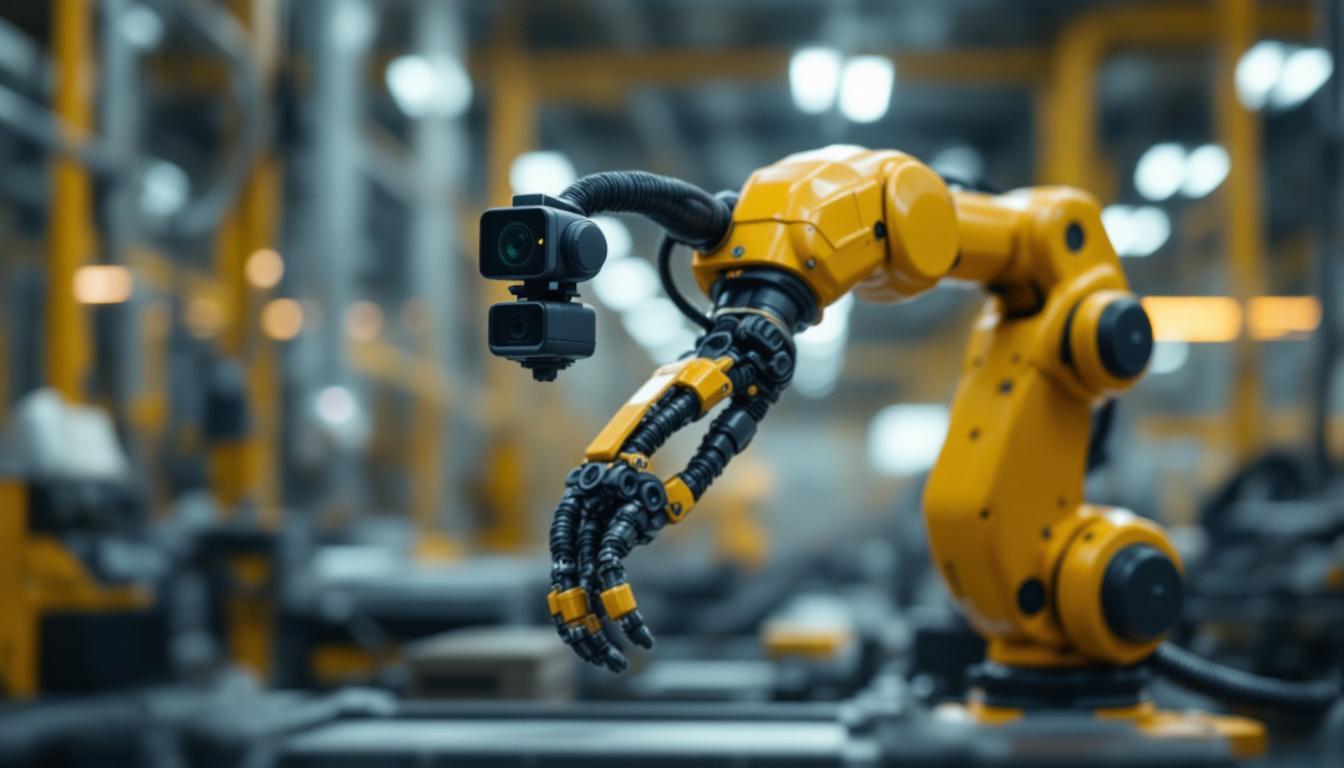 A photograph of a robotic arm equipped with a wrist camera in an industrial setting